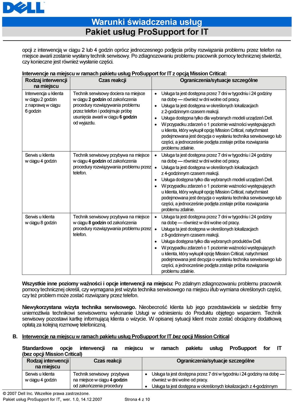 Interwencje na miejscu w ramach pakietu usług ProSupport for IT z opcją Mission Critical: Rodzaj interwencji na miejscu Czas reakcji Ograniczenia/sytuacje szczególne Interwencja u klienta w ciągu 2