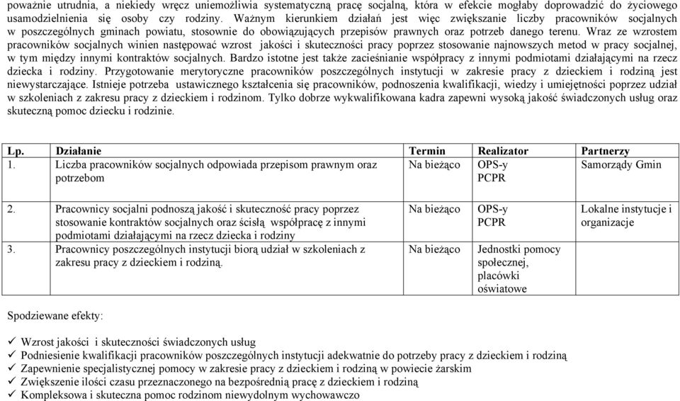 Wraz ze wzrostem pracowników socjalnych winien następować wzrost jakości i skuteczności pracy poprzez stosowanie najnowszych metod w pracy socjalnej, w tym między innymi kontraktów socjalnych.