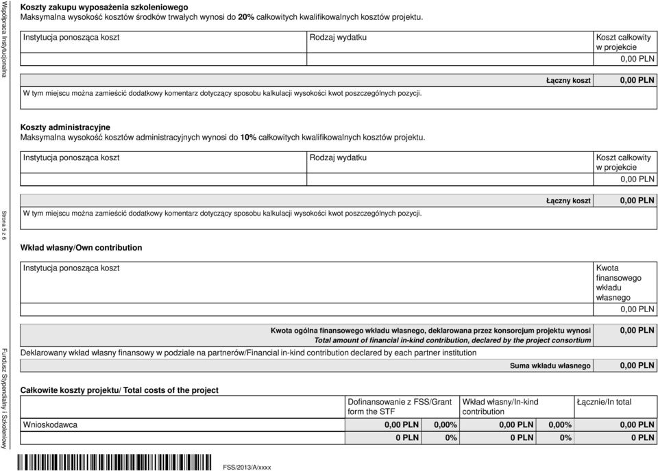 Instytucja ponoszaca koszt Rodzaj wydatku Koszt całkowity Wkład własny/own contribution Instytucja ponoszaca koszt Kwota ogólna finansowego wkładu własnego, deklarowana przez konsorcjum projektu