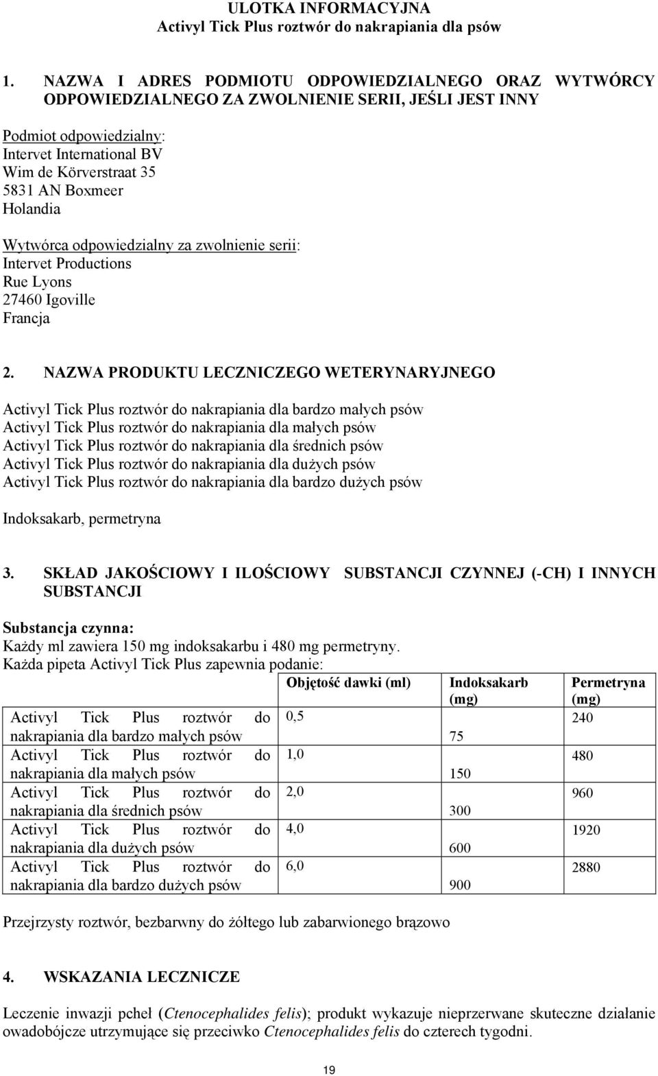 Holandia Wytwórca odpowiedzialny za zwolnienie serii: Intervet Productions Rue Lyons 27460 Igoville Francja 2.