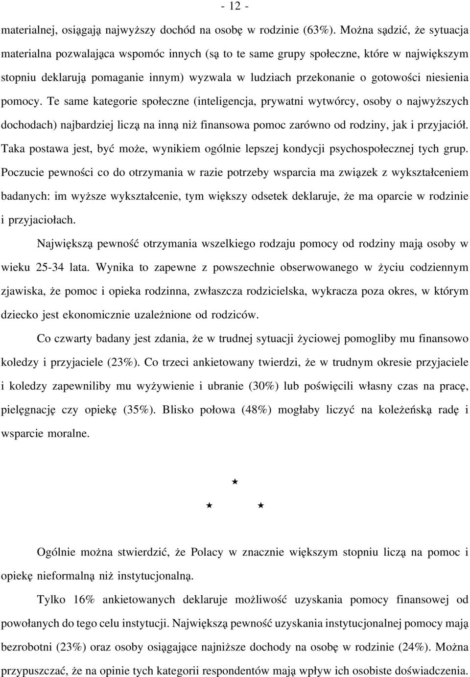 niesienia pomocy. Te same kategorie społeczne (inteligencja, prywatni wytwórcy, osoby o najwyższych dochodach) najbardziej liczą na inną niż finansowa pomoc zarówno od rodziny, jak i przyjaciół.