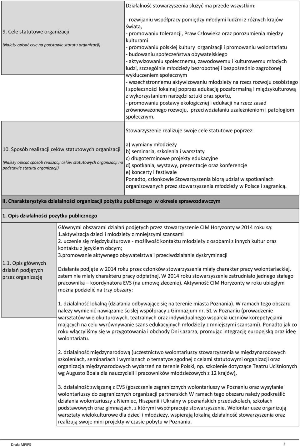 porozumienia między kulturami - promowaniu polskiej kultury organizacji i promowaniu wolontariatu - budowaniu społeczeństwa obywatelskiego - aktywizowaniu społecznemu, zawodowemu i kulturowemu