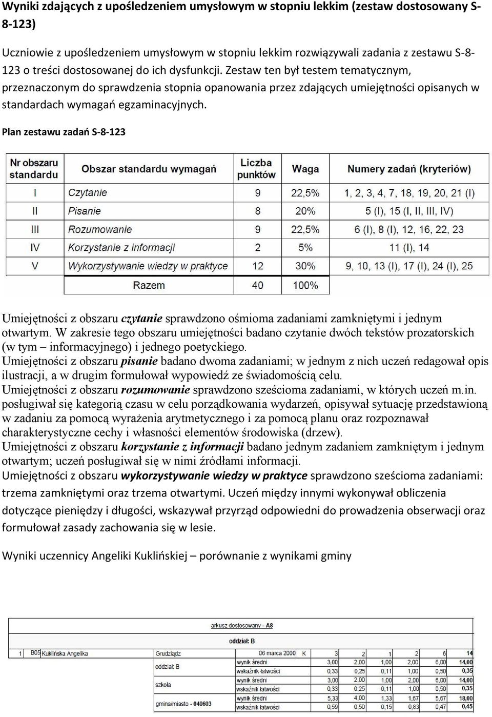 Plan zestawu zadań S-8-123 Umiejętności z obszaru czytanie sprawdzono ośmioma zadaniami zamkniętymi i jednym otwartym.