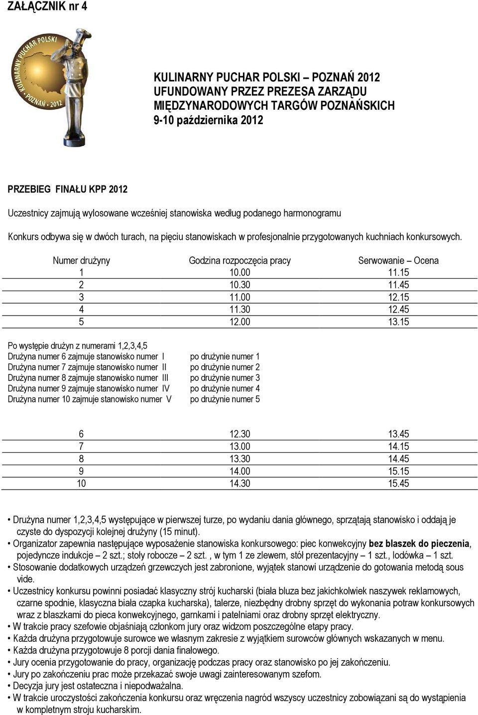 Numer druŝyny Godzina rozpoczęcia pracy Serwowanie Ocena 1 10.00 11.15 2 10.30 11.45 3 11.00 12.15 4 11.30 12.45 5 12.00 13.