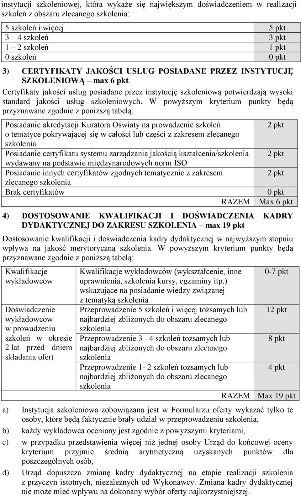 W powyższym kryterium punkty będą przyznawane zgodnie z poniższą tabelą: Posiadanie akredytacji Kuratora Oświaty na prowadzenie szkoleń o tematyce pokrywającej się w całości lub części z zakresem