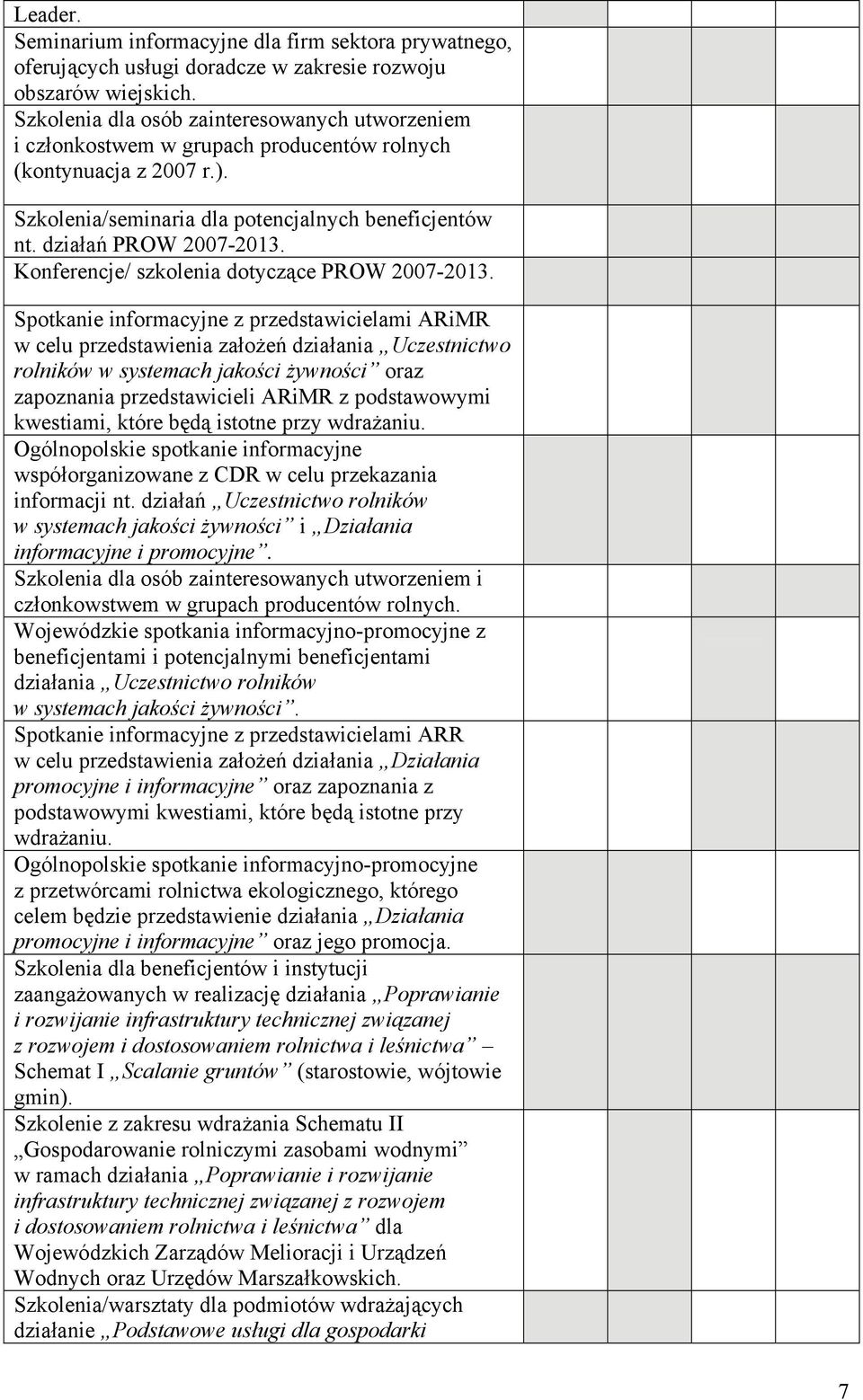 Konferencje/ szkolenia dotyczące PROW 2007-2013.