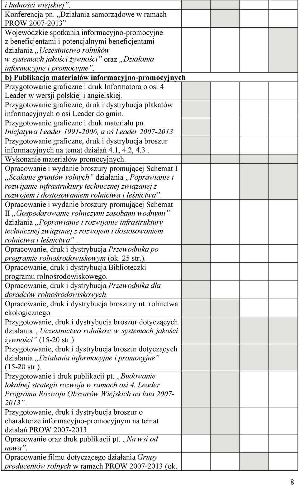 żywności oraz Działania informacyjne i promocyjne. b) Publikacja materiałów informacyjno-promocyjnych Przygotowanie graficzne i druk Informatora o osi 4 Leader w wersji polskiej i angielskiej.