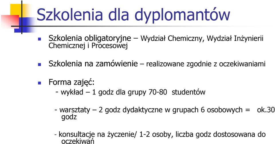 zajęć: - wykład 1 godz dla grupy 70-80 studentów - warsztaty 2 godz dydaktyczne w grupach 6