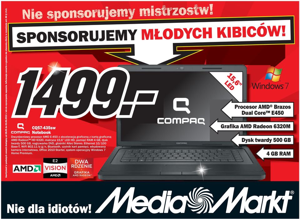 CQ57-435sw Notebook Dwurdzeniowy procesor AMD E-450 z akceleracją graficzną z kartą graficzną AMD Radeon HD 6320, matryca 15,6 LED HD, pamięć RAM 4 GB, dysk twardy 500