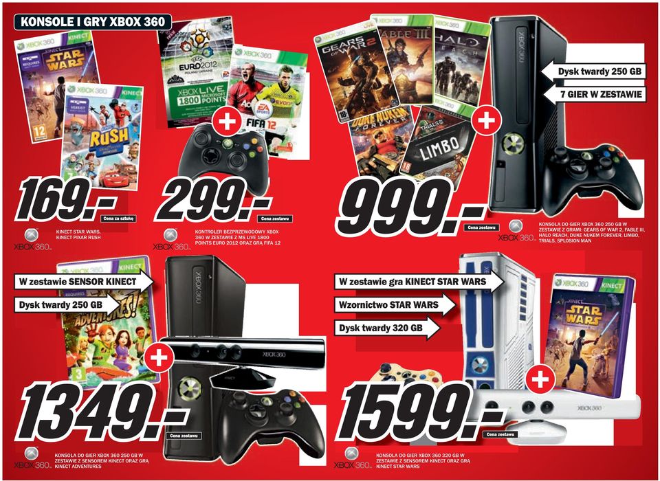 TRIALS, SPLOSION MAN W zestawie SENSOR KINECT Dysk twardy 250 GB W zestawie gra KINECT STAR WARS Wzornictwo STAR WARS Dysk twardy 320 GB KONSOLA DO GIER