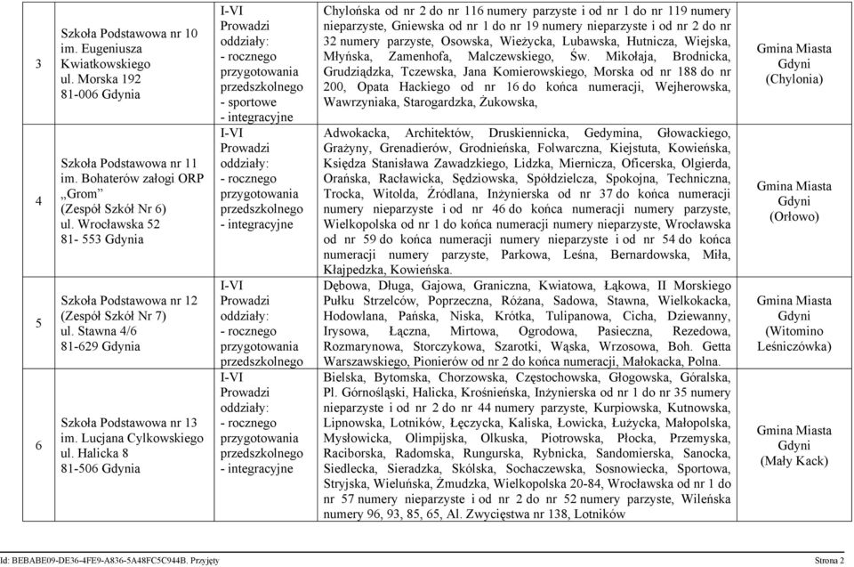 Halicka 8 81-506 a - sportowe Chylońska od nr 2 do nr 116 numery parzyste i od nr 1 do nr 119 numery nieparzyste, Gniewska od nr 1 do nr 19 numery nieparzyste i od nr 2 do nr 32 numery parzyste,