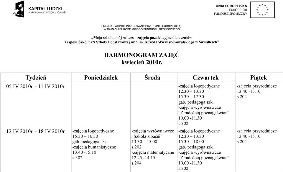 Alfreda Wierusz-Kowalskiego w Suwałkach HARMONOGRAM ZAJĘĆ kwiecień 2010r.