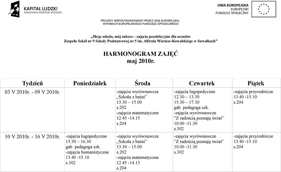 Podstawowej nr 5 im. Alfreda Wierusz-Kowalskiego w Suwałkach HARMONOGRAM ZAJĘĆ maj 2010r.