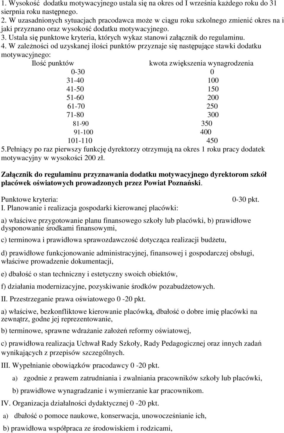 Ustala się punktowe kryteria, których wykaz stanowi załącznik do regulaminu. 4.