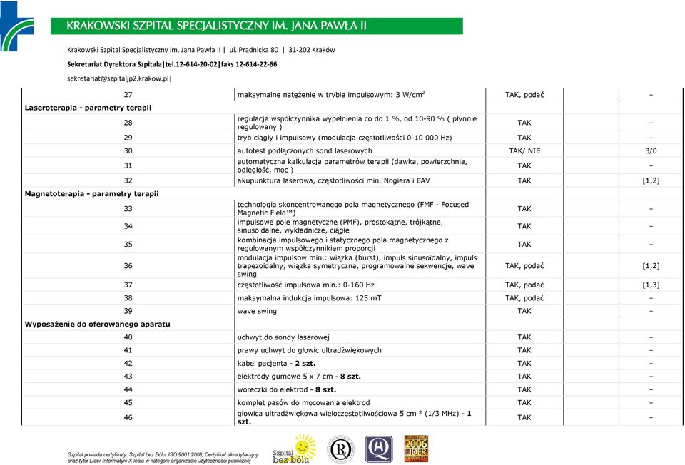 odległość, moc ) 32 akupunktura laserowa, częstotliwości min.