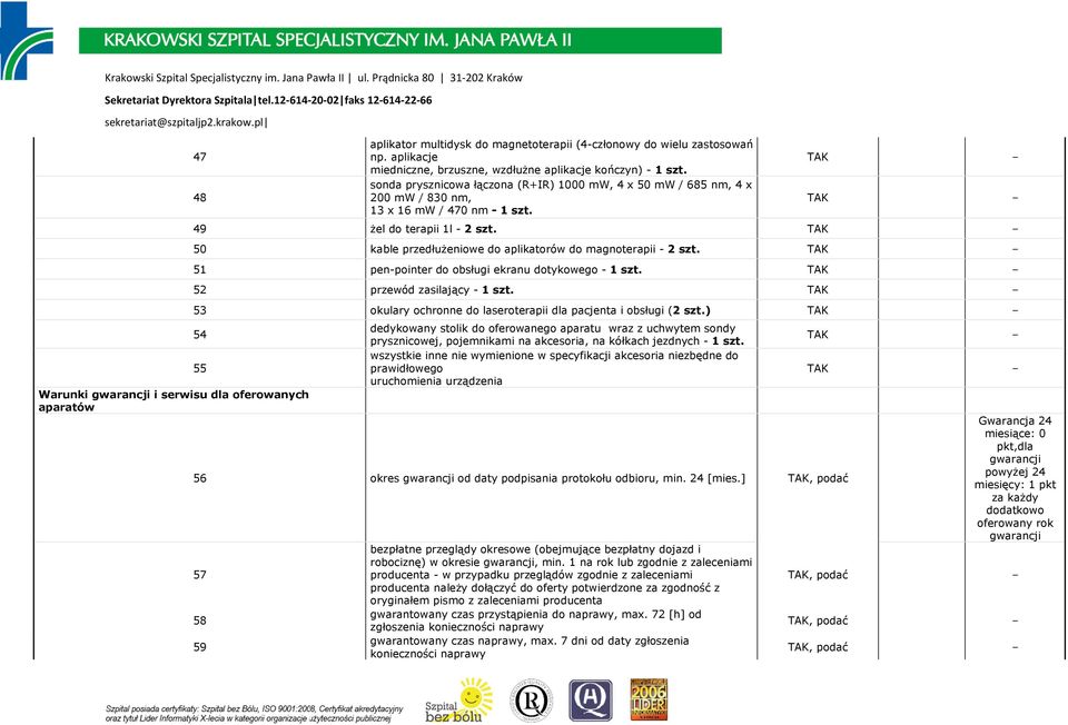 49 żel do terapii 1l - 2 szt. 50 kable przedłużeniowe do aplikatorów do magnoterapii - 2 szt. 51 pen-pointer do obsługi ekranu dotykowego - 1 szt. 52 przewód zasilający - 1 szt.