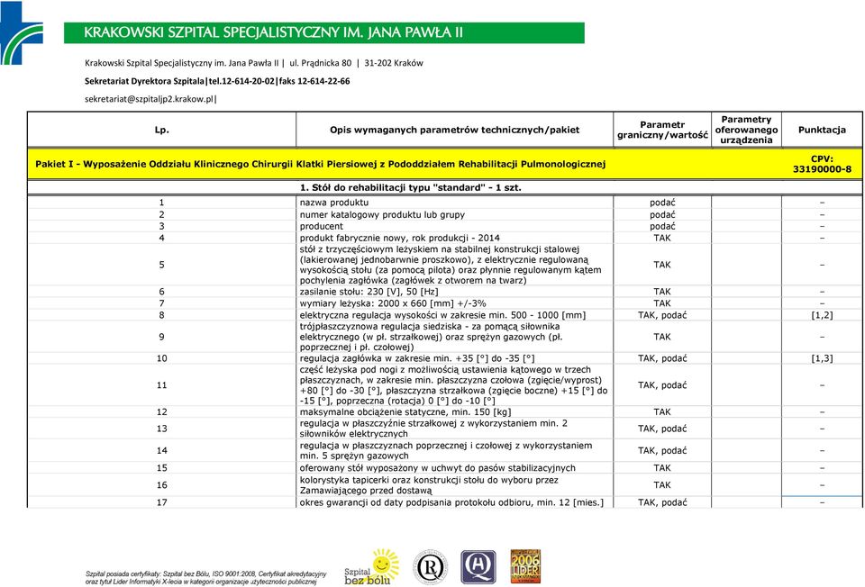 1 nazwa produktu podać 2 numer katalogowy produktu lub grupy podać 3 producent podać 4 produkt fabrycznie nowy, rok produkcji - 2014 5 stół z trzyczęściowym leżyskiem na stabilnej konstrukcji