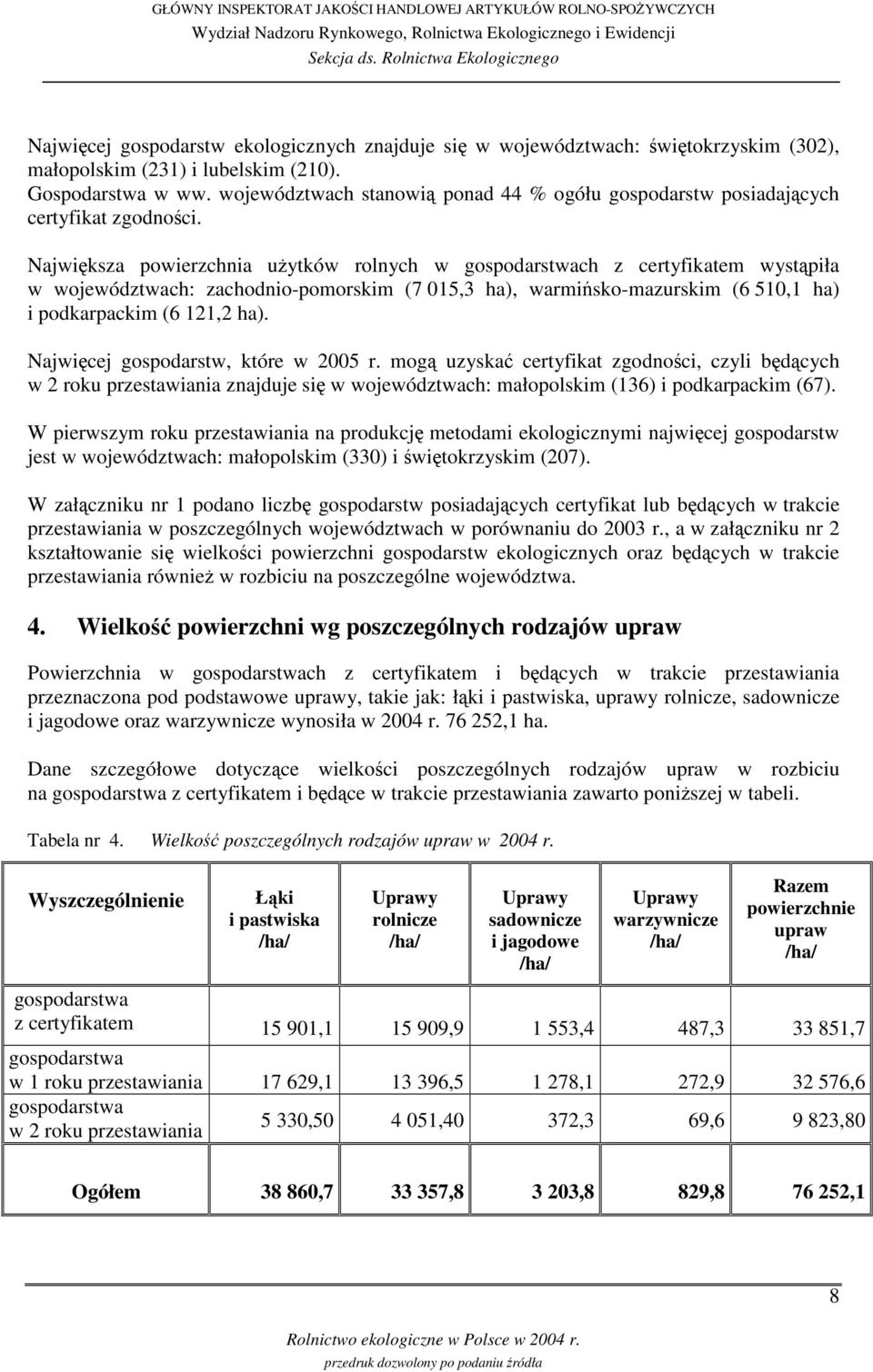 Najwiksza powierzchnia uytków rolnych w gospodarstwach z certyfikatem wystpiła w województwach: zachodnio-pomorskim (7 015,3 ha), warmi sko-mazurskim (6 510,1 ha) i podkarpackim (6 121,2 ha).