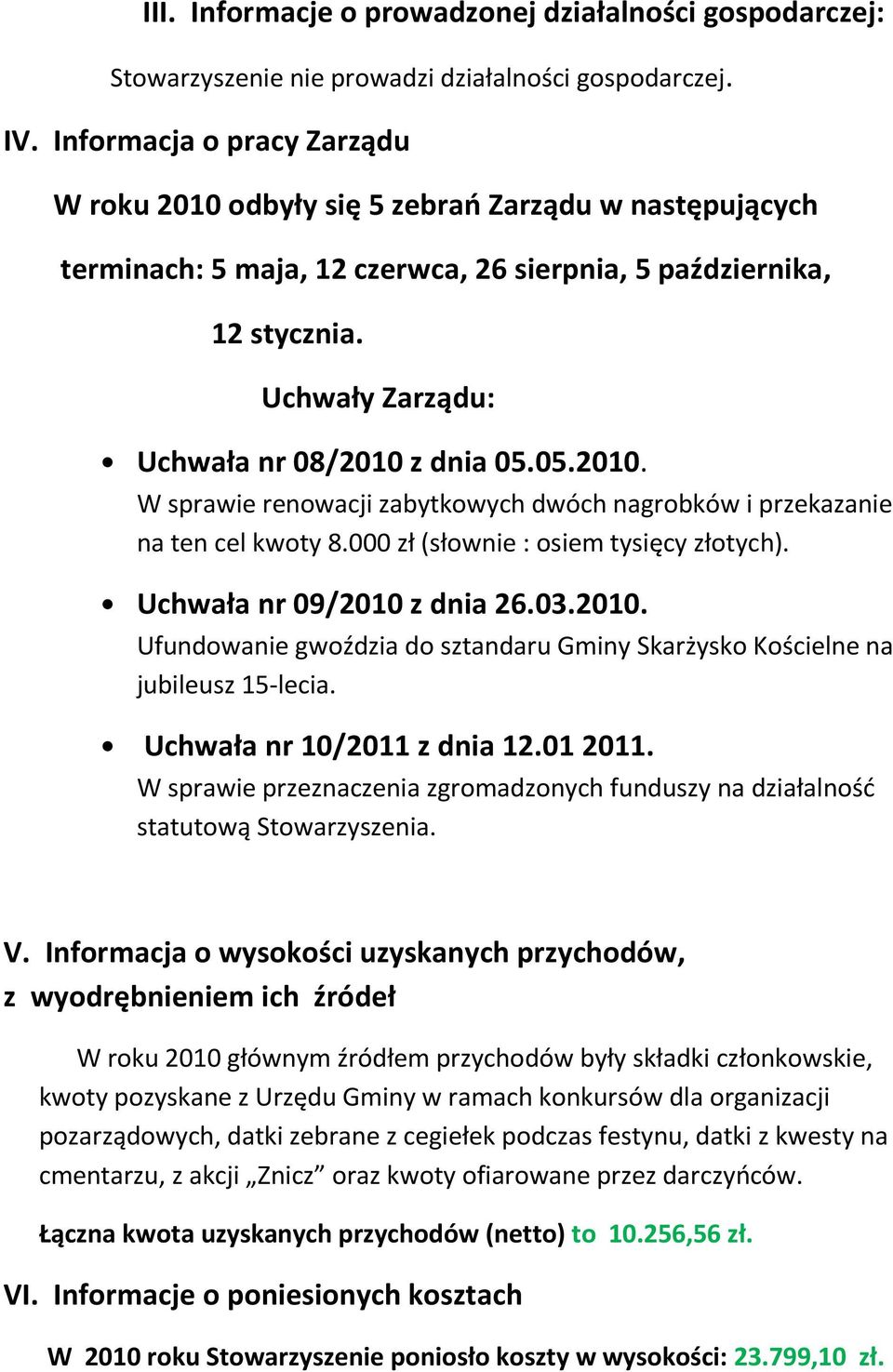 Uchwały Zarządu: Uchwała nr 08/2010 z dnia 05.05.2010. W sprawie renowacji zabytkowych dwóch nagrobków i przekazanie na ten cel kwoty 8.000 zł (słownie : osiem tysięcy złotych).