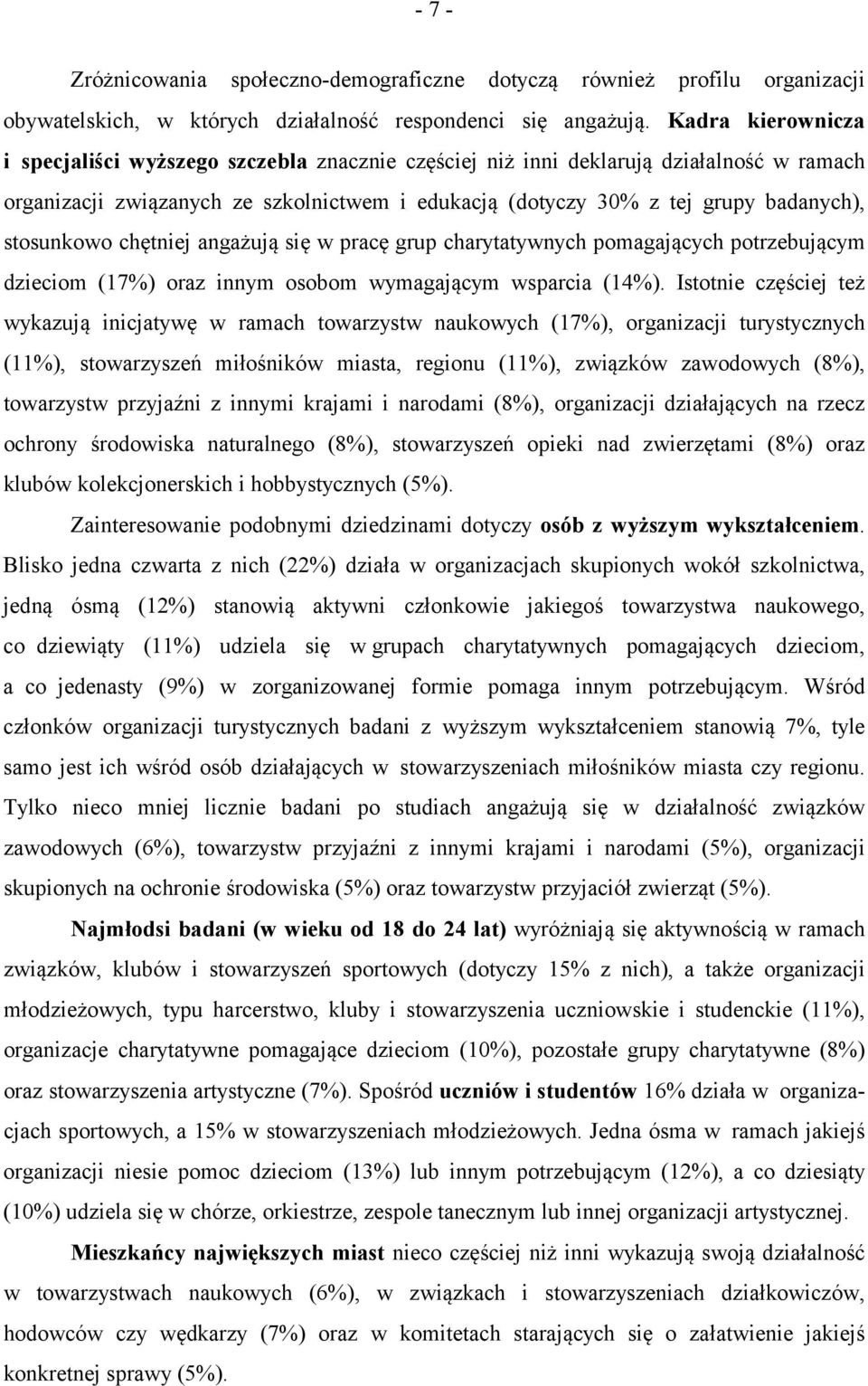 stosunkowo chętniej angażują się w pracę grup charytatywnych pomagających potrzebującym dzieciom (17%) oraz innym osobom wymagającym wsparcia (14%).