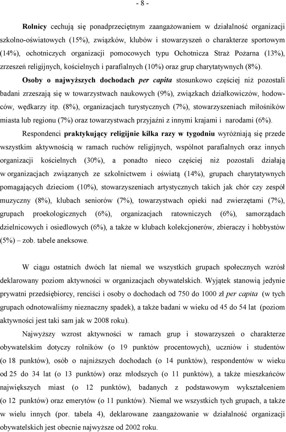 Osoby o najwyższych dochodach per capita stosunkowo częściej niż pozostali badani zrzeszają się w towarzystwach naukowych (9%), związkach działkowiczów, hodowców, wędkarzy itp.