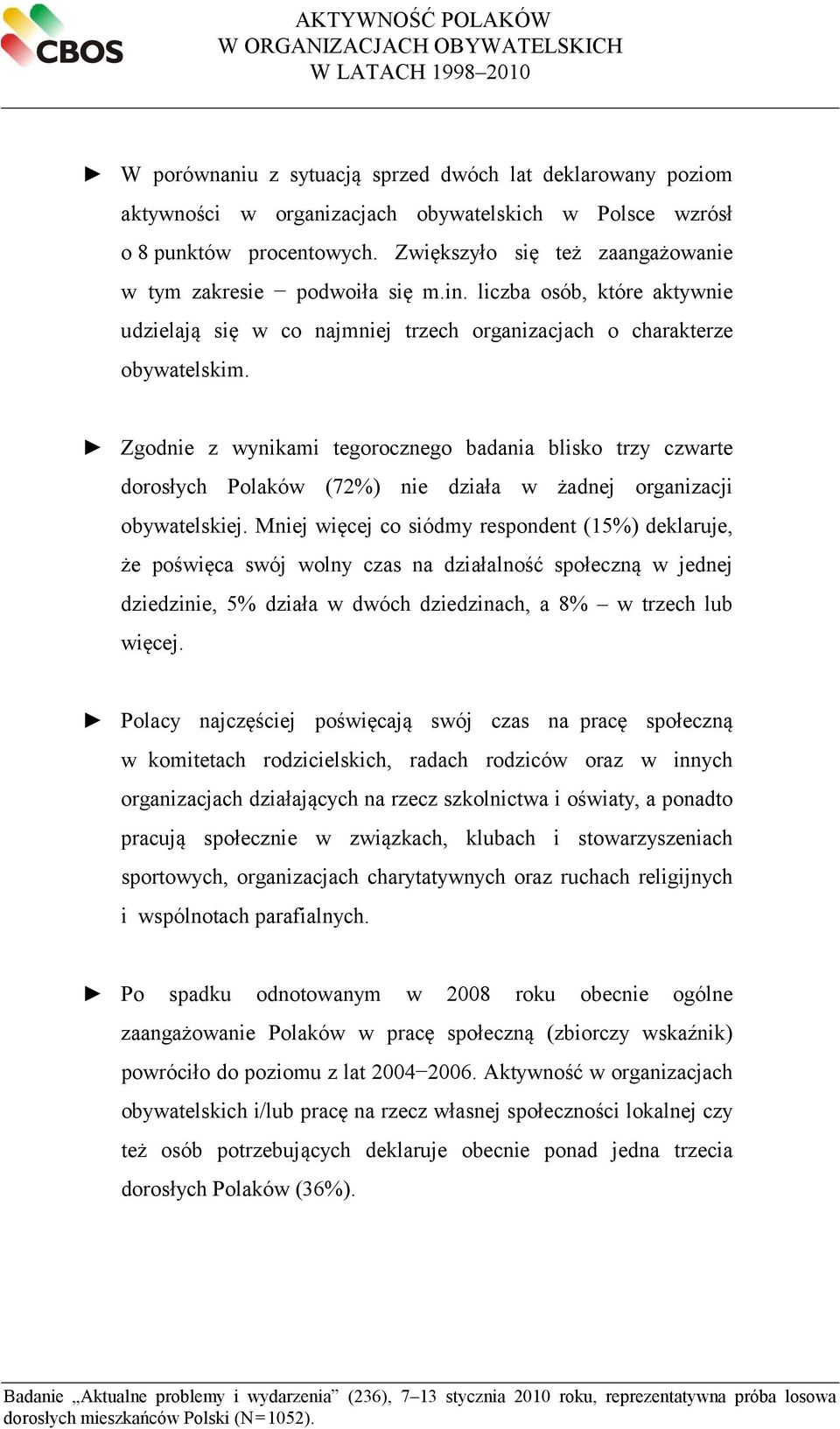 Zgodnie z wynikami tegorocznego badania blisko trzy czwarte dorosłych Polaków (72%) nie działa w żadnej organizacji obywatelskiej.