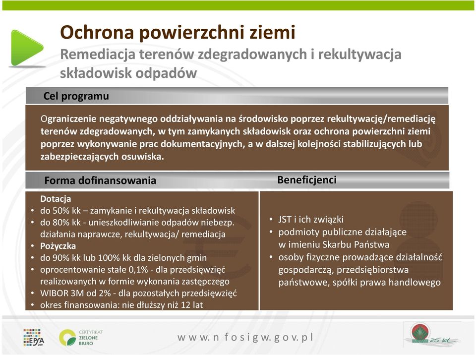 Dotacja do 50% kk zamykanie i rekultywacja składowisk do 80% kk - unieszkodliwianie odpadów niebezp.