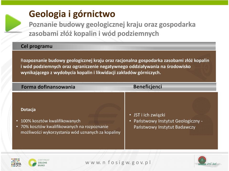 środowisko wynikającego z wydobycia kopalin i likwidacji zakładów górniczych.