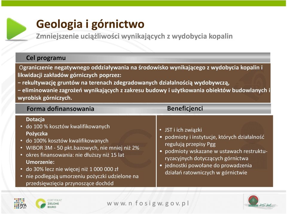 Dotacja do 100 % kosztów kwalifikowanych Pożyczka do 100% kosztów kwalifikowanych WIBOR 3M - 50 pkt.