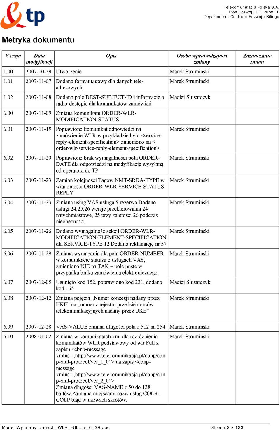 01 2007-11-19 Poprawiono komunikat odpowiedzi na zamówienie WLR w przykładzie było <servicereply-element-specification> zmieniono na < order-wlr-service-reply-element-specification> 6.