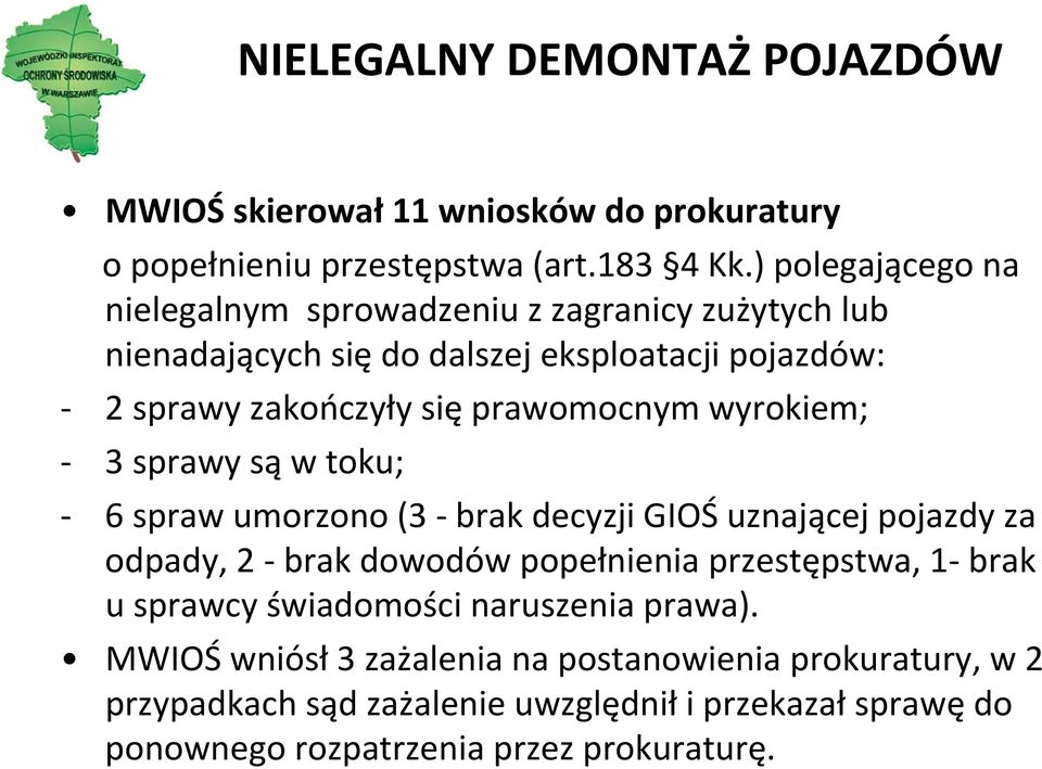 prawomocnym wyrokiem; 3 sprawy są w toku; 6 spraw umorzono (3 brak decyzji GIOŚ uznającej pojazdy za odpady, 2 brak dowodów popełnienia przestępstwa, 1