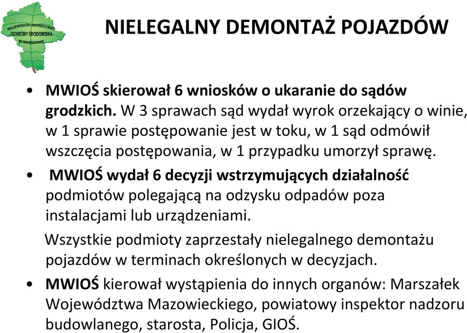 sprawę. MWIOŚ wydał 6 decyzji wstrzymujących działalność podmiotów polegającą na odzysku odpadów poza instalacjami lub urządzeniami.