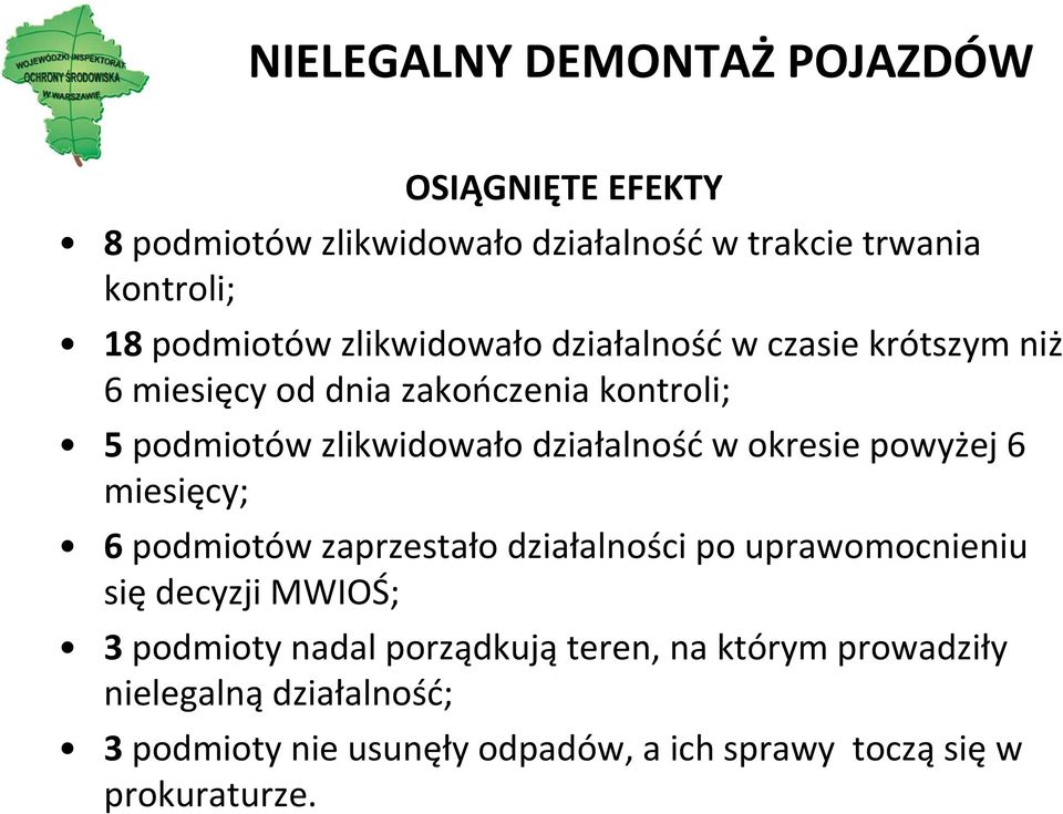 okresie powyżej 6 miesięcy; 6 podmiotów zaprzestało działalności po uprawomocnieniu się decyzji MWIOŚ; 3 podmioty nadal