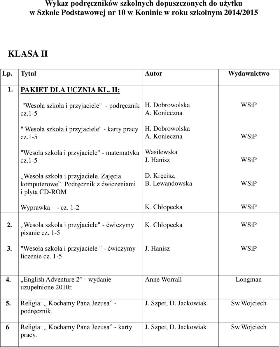 Podręcznik z ćwiczeniami i płytą CD-ROM D. Kręcisz, B. Lewandowska Wyprawka - cz. 1-2 K. Chłopecka 2. Wesoła szkoła i przyjaciele" - ćwiczymy pisanie cz. 1-5 K. Chłopecka 3.