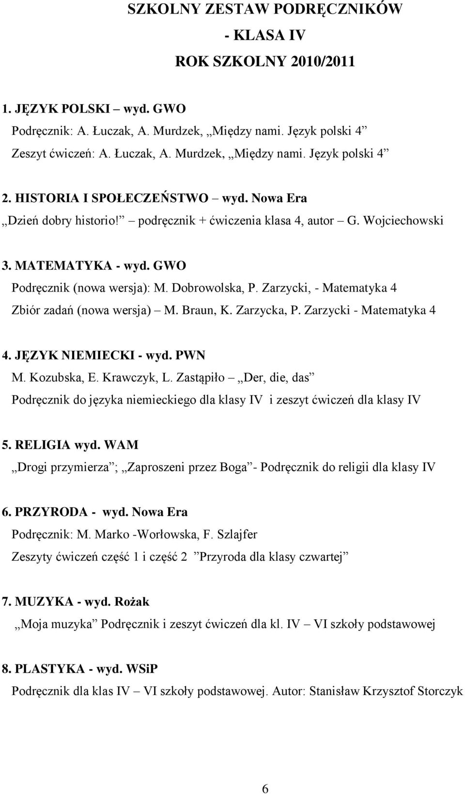 Zarzycki, - Matematyka 4 Zbiór zadań (nowa wersja) M. Braun, K. Zarzycka, P. Zarzycki - Matematyka 4 4. JĘZYK NIEMIECKI - wyd. PWN M. Kozubska, E. Krawczyk, L.