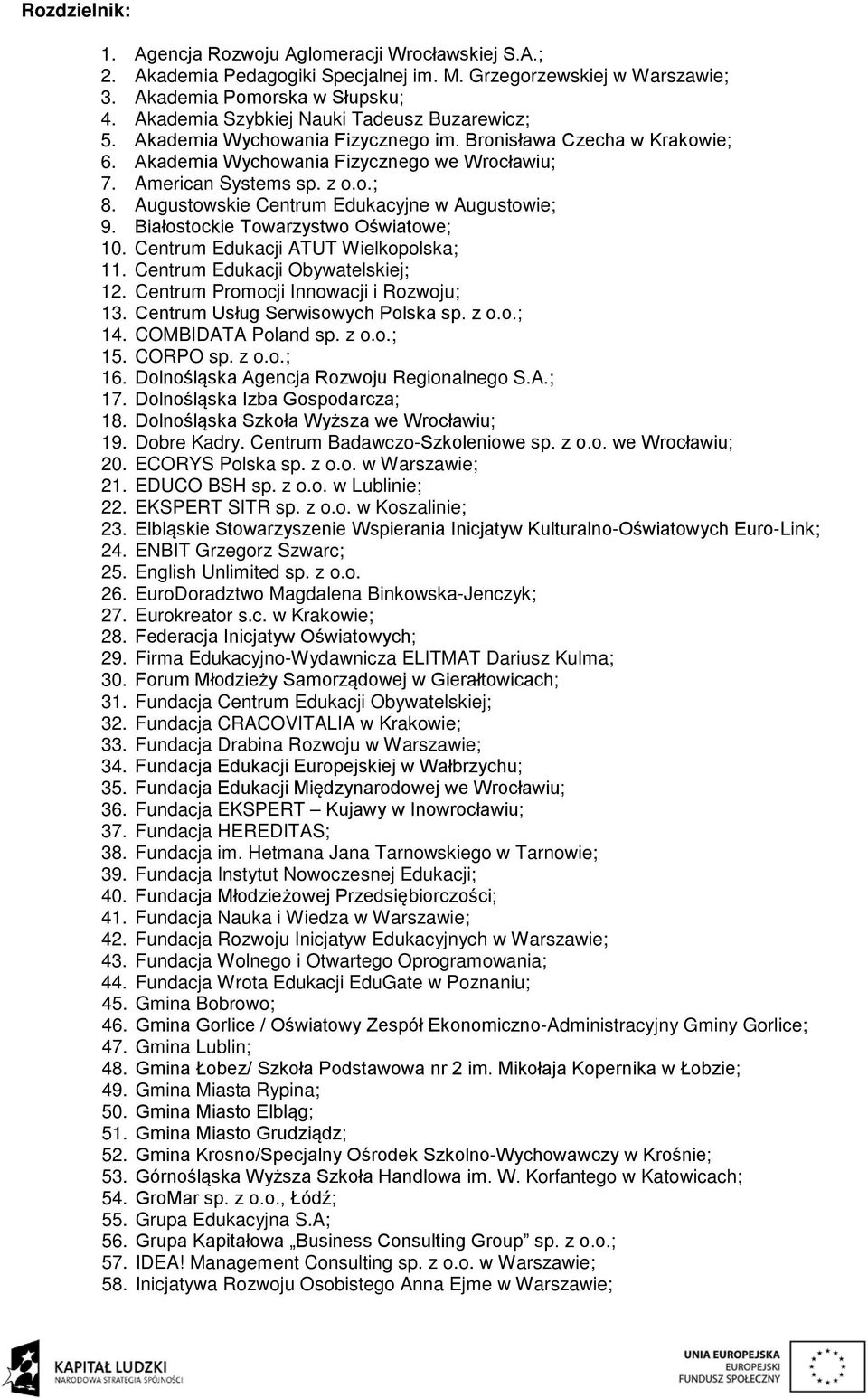 Augustowskie Centrum Edukacyjne w Augustowie; 9. Białostockie Towarzystwo Oświatowe; 10. Centrum Edukacji ATUT Wielkopolska; 11. Centrum Edukacji Obywatelskiej; 12.