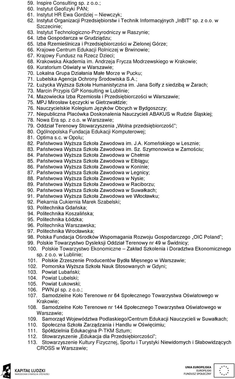 Krajowe Centrum Edukacji Rolniczej w Brwinowie; 67. Krajowy Fundusz na Rzecz Dzieci; 68. Krakowska Akademia im. Andrzeja Frycza Modrzewskiego w Krakowie; 69. Kuratorium Oświaty w Warszawie; 70.