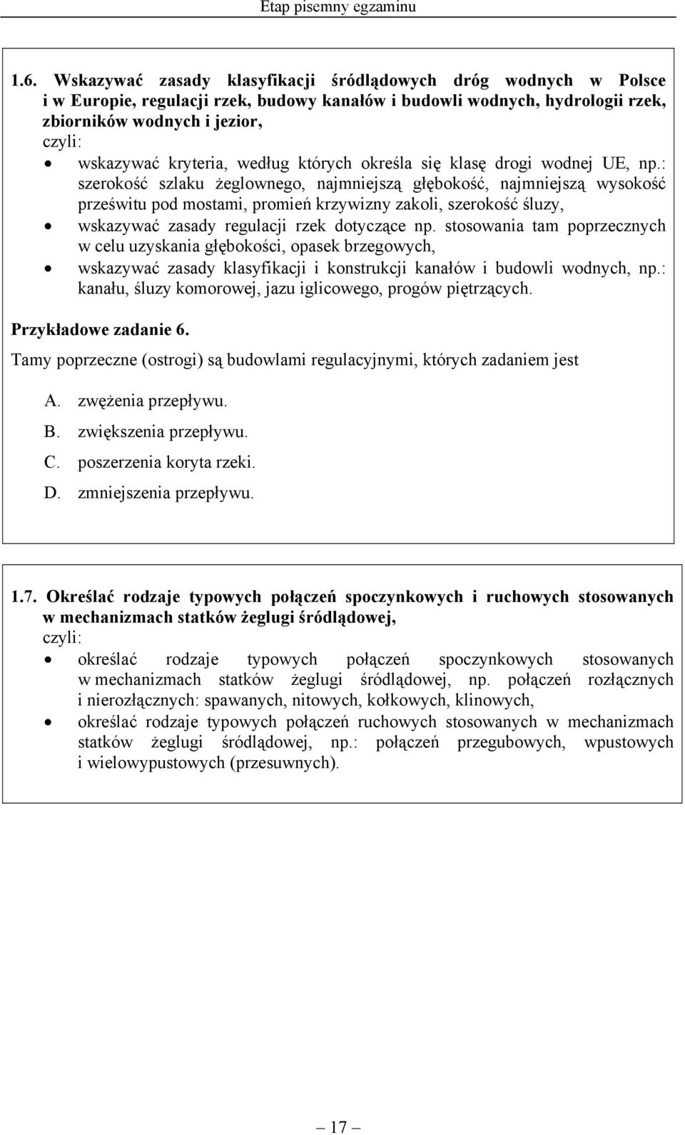 według których określa się klasę drogi wodnej UE, np.