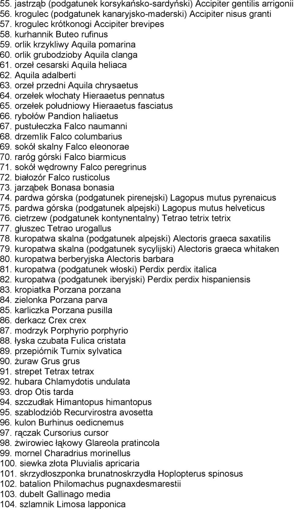 orzełek włochaty Hieraaetus pennatus 65. orzełek południowy Hieraaetus fasciatus 66. rybołów Pandion haliaetus 67. pustułeczka Falco naumanni 68. drzemlik Falco columbarius 69.