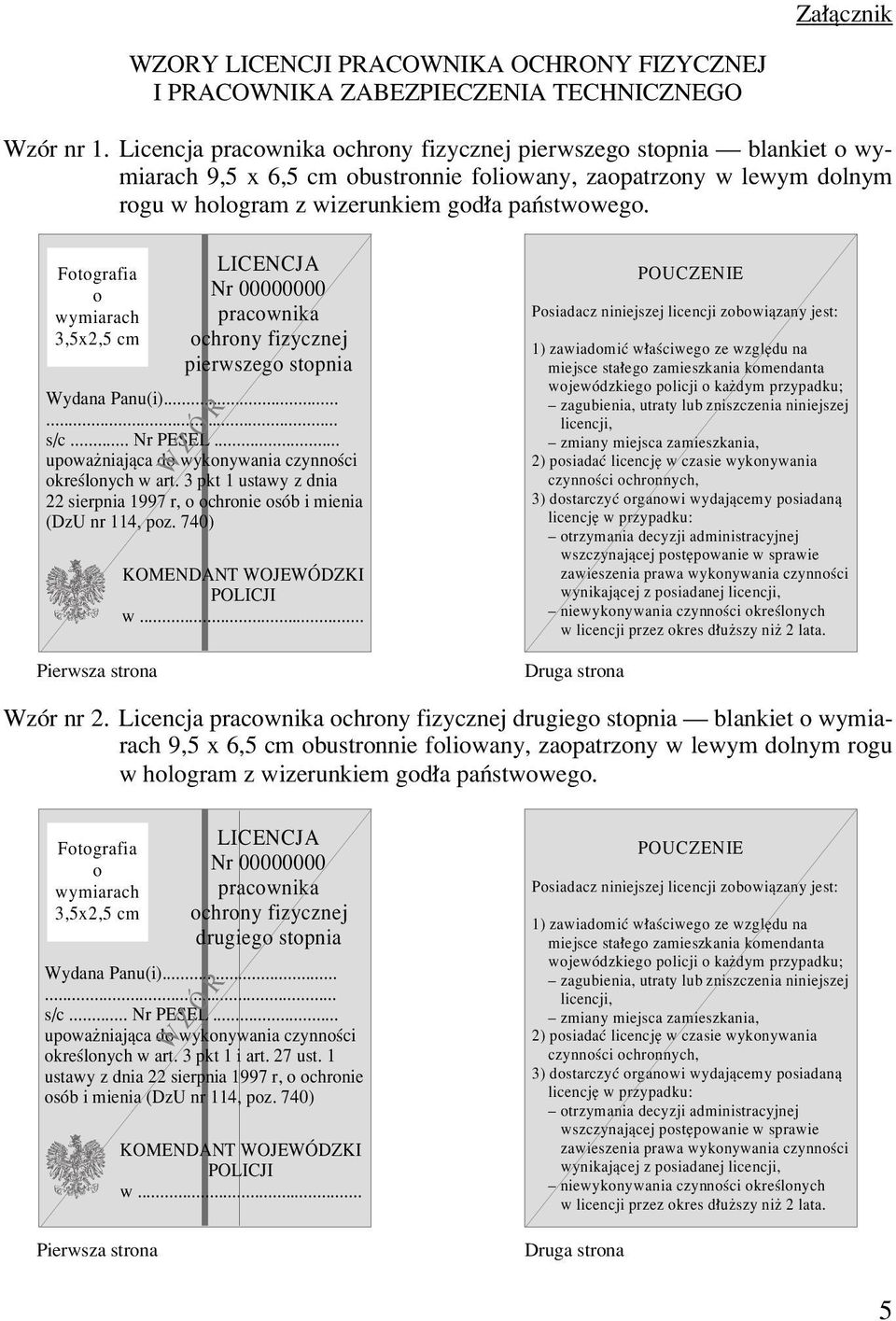 Ftgrafia wymiarach 3,5x2,5 cm LICENCJA pracwnika chrny fizycznej pierwszeg stpnia upwa niaj¹ca d wyknywania czynnœci kreœlnych w art.