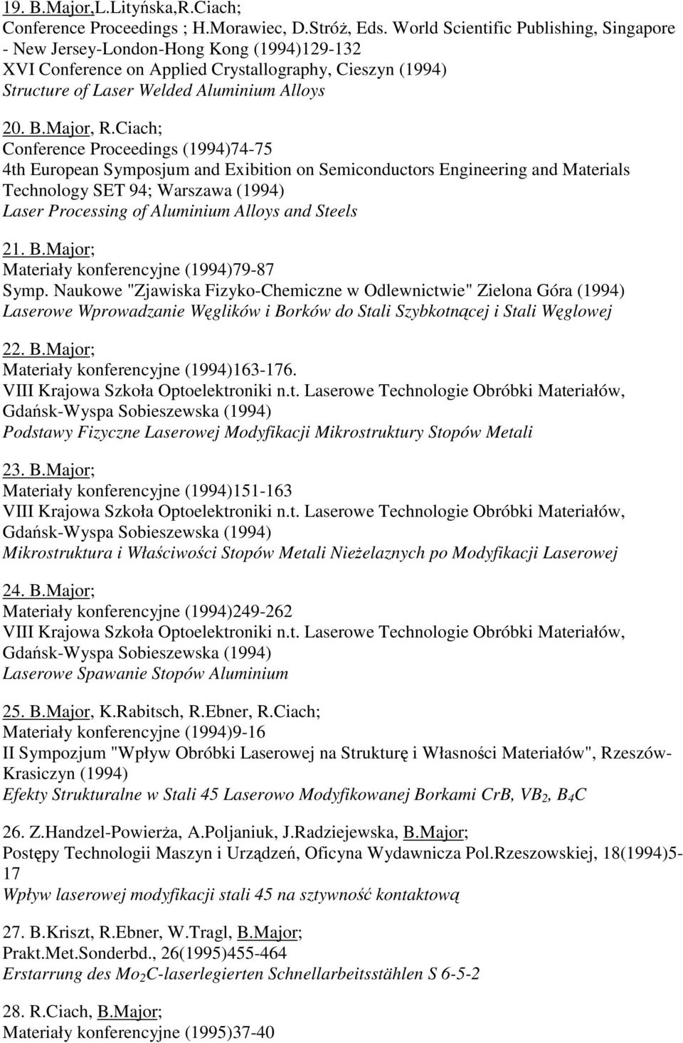 Ciach; Conference Proceedings (1994)74-75 4th European Symposjum and Exibition on Semiconductors Engineering and Materials Technology SET 94; Warszawa (1994) Laser Processing of Aluminium Alloys and