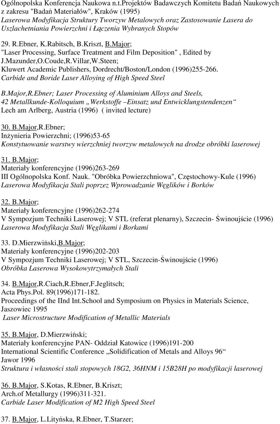 Łczenia Wybranych Stopów 29. R.Ebner, K.Rabitsch, B.Kriszt, B.Major; "Laser Processing, Surface Treatment and Film Deposition", Edited by J.Mazunder,O.Coude,R.Villar,W.