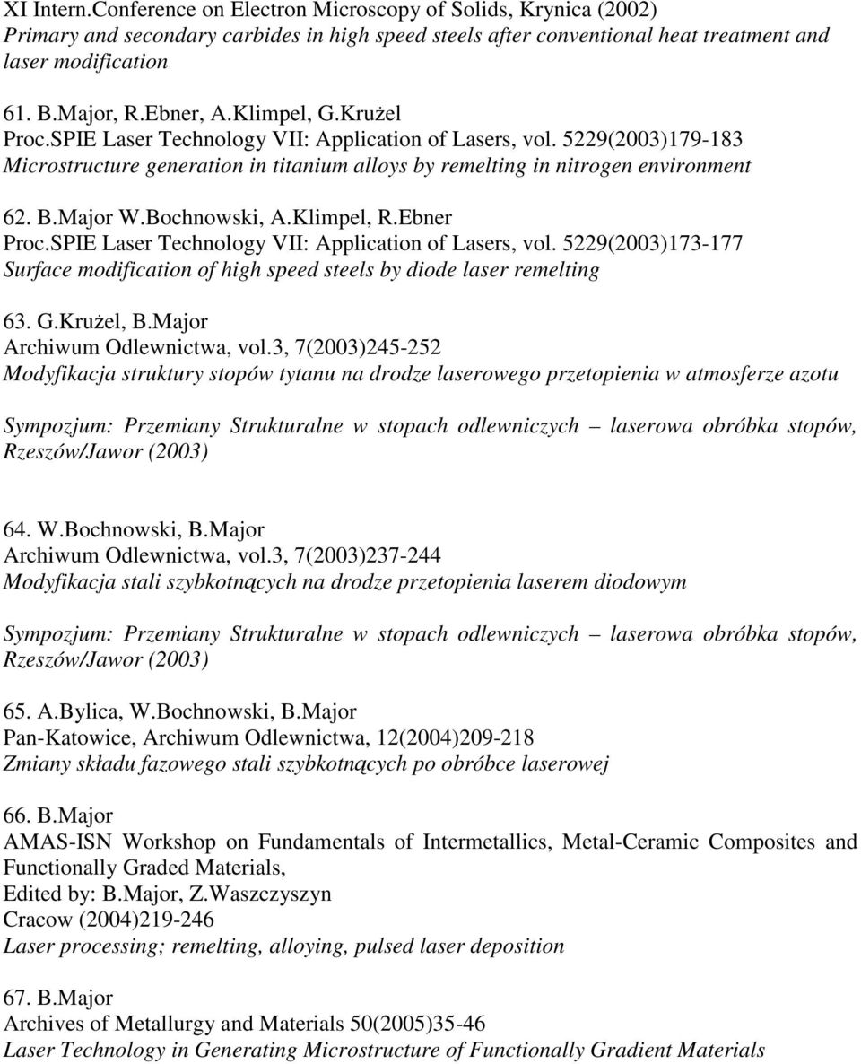 Bochnowski, A.Klimpel, R.Ebner Proc.SPIE Laser Technology VII: Application of Lasers, vol. 5229(2003)173-177 Surface modification of high speed steels by diode laser remelting 63. G.Kruel, B.