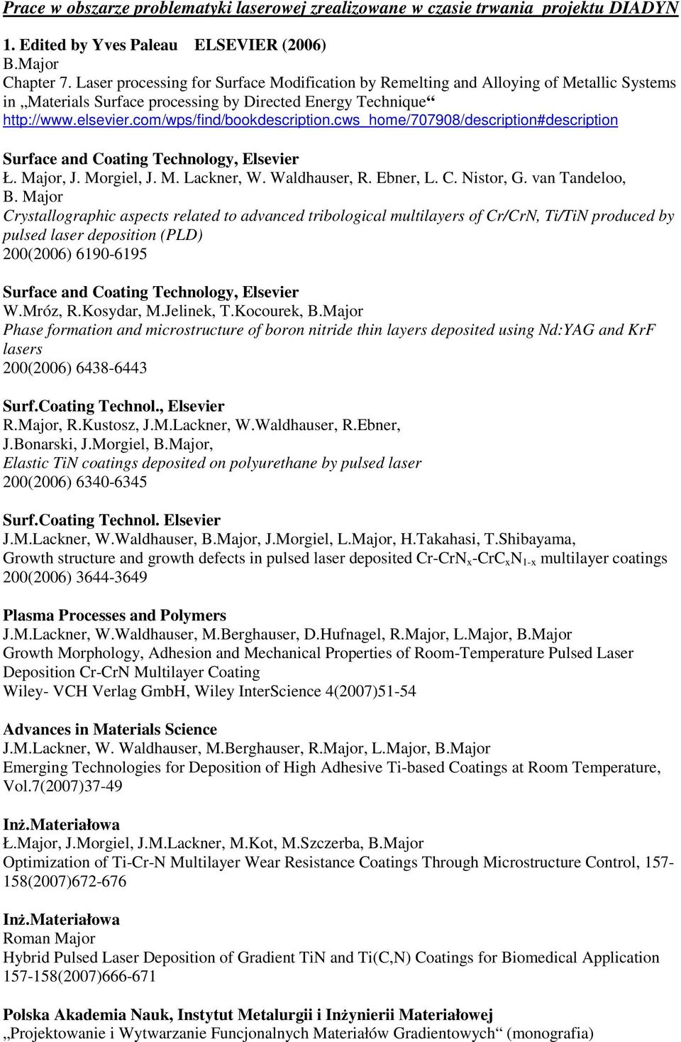 cws_home/707908/description#description Surface and Coating Technology, Elsevier Ł. Major, J. Morgiel, J. M. Lackner, W. Waldhauser, R. Ebner, L. C. Nistor, G. van Tandeloo, B.