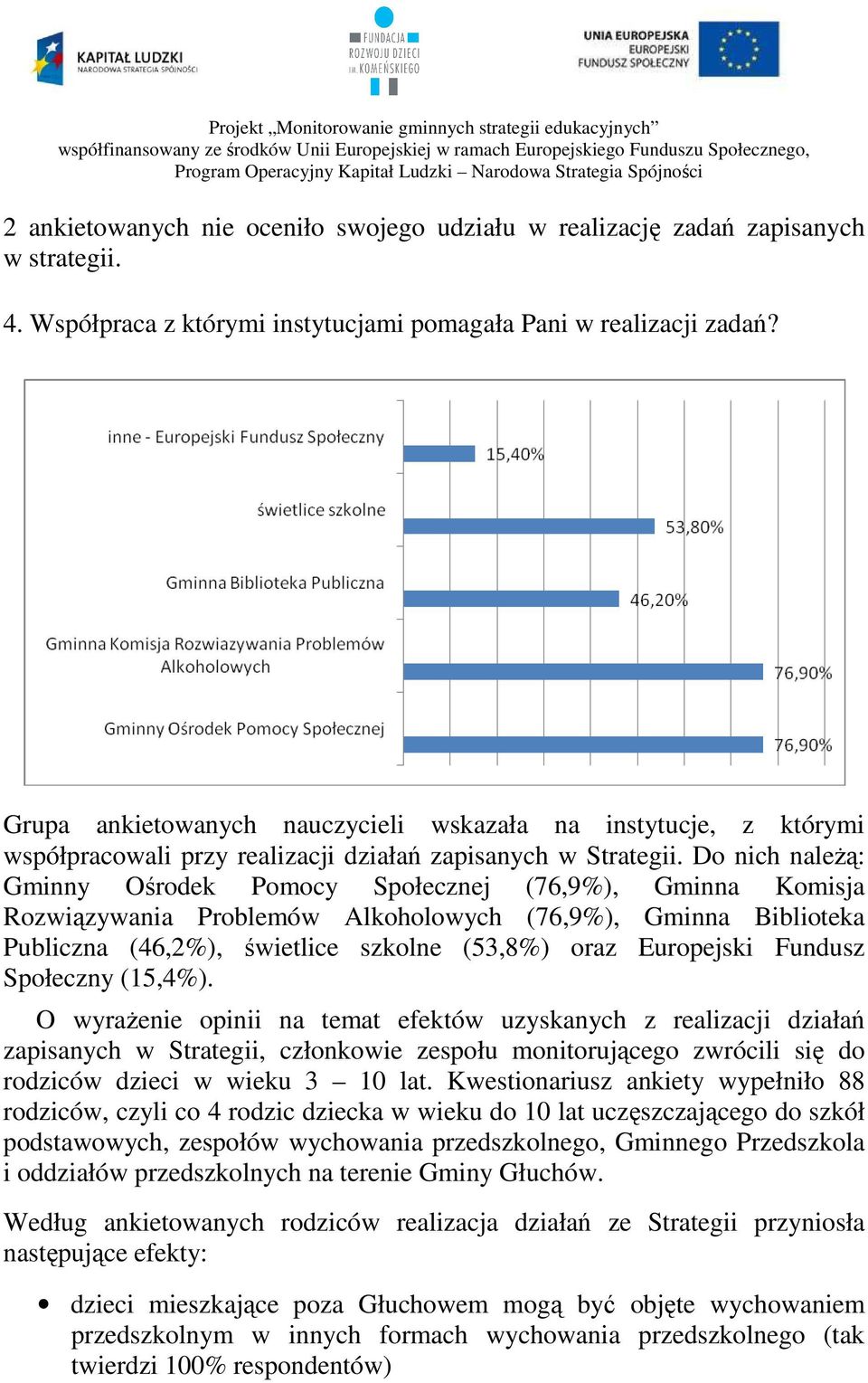 Do nich należą: Gminny Ośrodek Pomocy Społecznej (76,9%), Gminna Komisja Rozwiązywania Problemów Alkoholowych (76,9%), Gminna Biblioteka Publiczna (46,2%), świetlice szkolne (53,8%) oraz Europejski