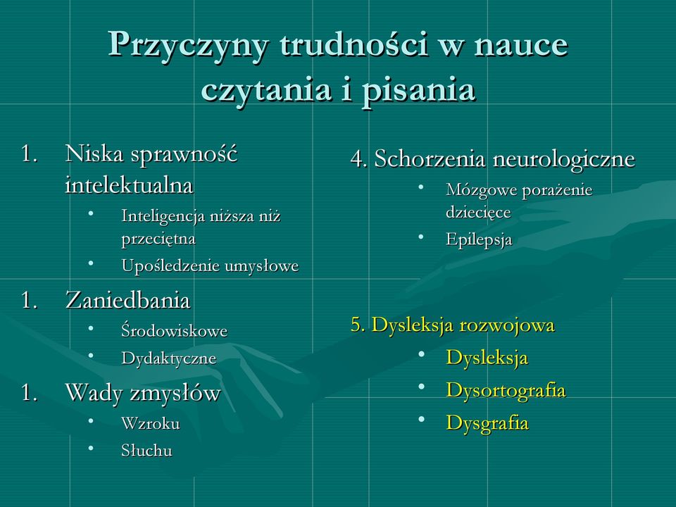 umysłowe 1. Zaniedbania Środowiskowe Dydaktyczne 1. Wady zmysłów Wzroku Słuchu 4.