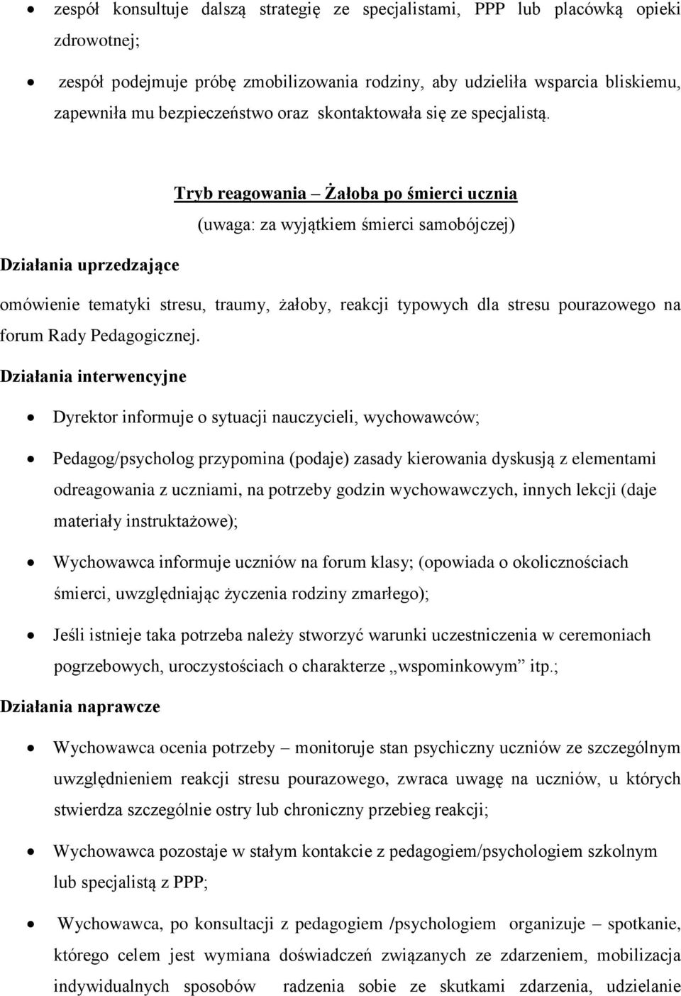 Tryb reagowania Żałoba po śmierci ucznia (uwaga: za wyjątkiem śmierci samobójczej) Działania uprzedzające omówienie tematyki stresu, traumy, żałoby, reakcji typowych dla stresu pourazowego na forum