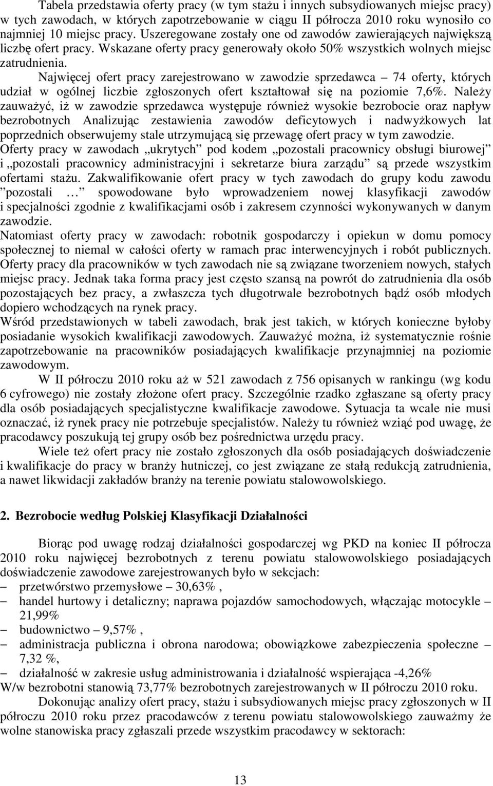 Najwięcej ofert pracy zarejestrowano w zawodzie sprzedawca 74 oferty, których udział w ogólnej liczbie zgłoszonych ofert kształtował się na poziomie 7,6%.