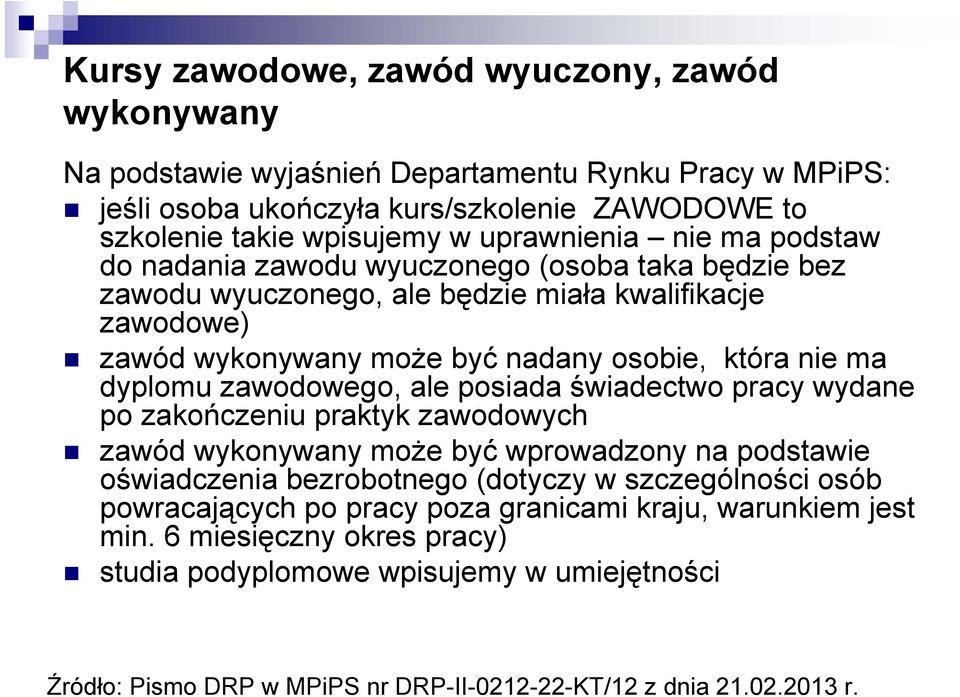 zawodowego, ale posiada świadectwo pracy wydane po zakończeniu praktyk zawodowych zawód wykonywany może być wprowadzony na podstawie oświadczenia bezrobotnego (dotyczy w szczególności osób