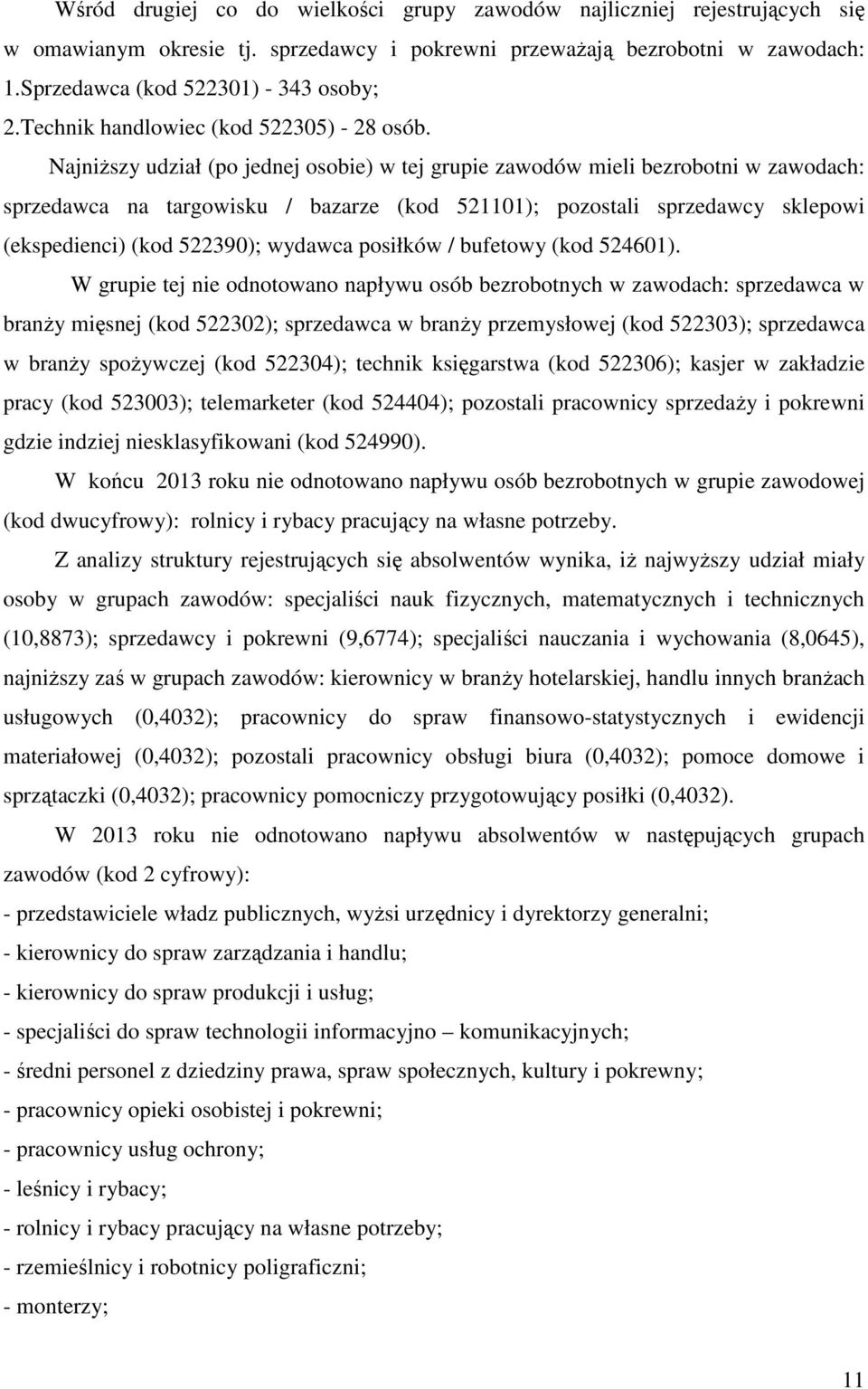 Najniższy udział (po jednej osobie) w tej grupie zawodów mieli bezrobotni w zawodach: sprzedawca na targowisku / bazarze (kod 521101); pozostali sprzedawcy sklepowi (ekspedienci) (kod 522390);